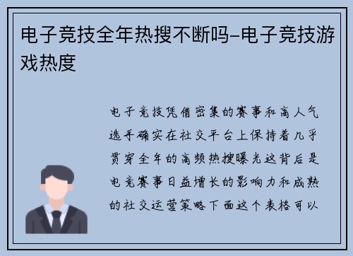 电子竞技全年热搜不断吗-电子竞技游戏热度