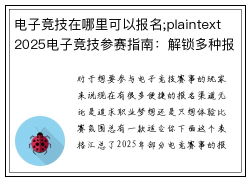 电子竞技在哪里可以报名;plaintext2025电子竞技参赛指南：解锁多种报名通道与参与方式